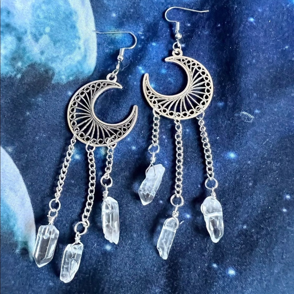 Celestial Moon + Triple Quartz Earrings